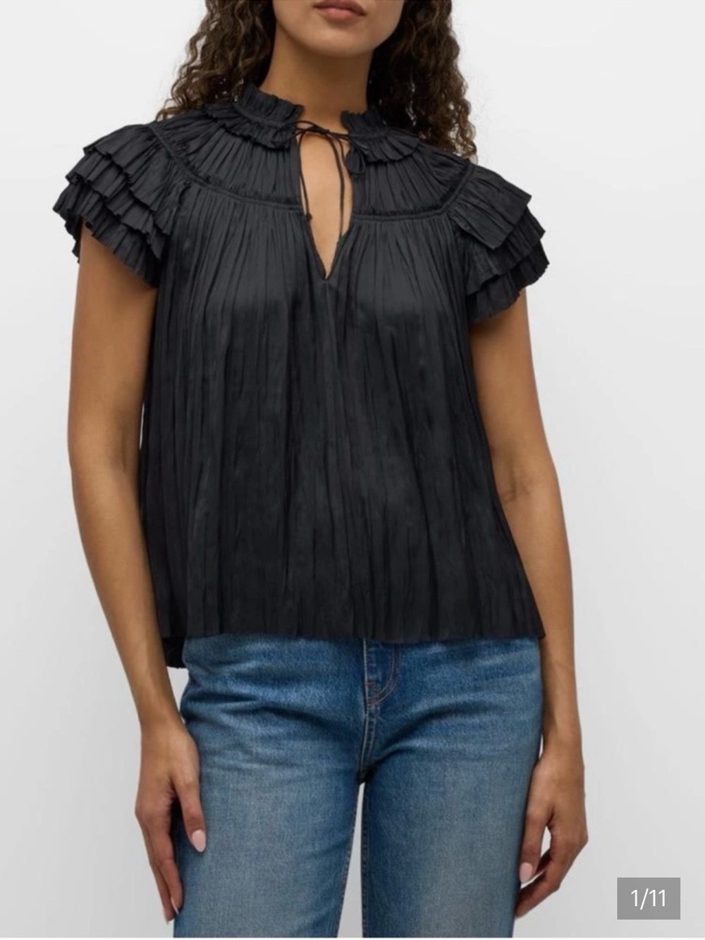 Ulla Johnson Liv Black Pleated Ruffle-Trim Tie-Neck Blouse
